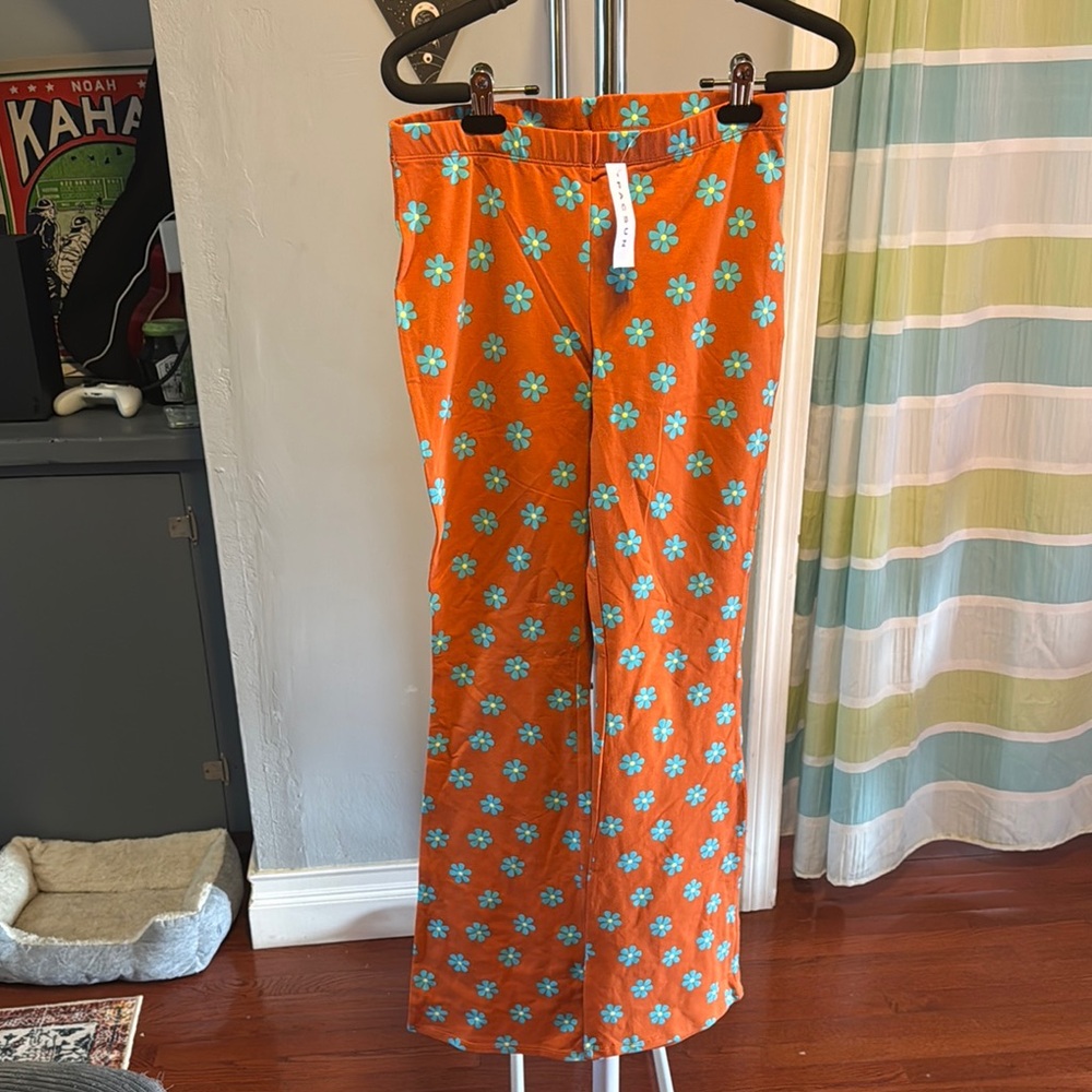 La Hearts Vibrant Orange Pants with Blue Floral Pattern